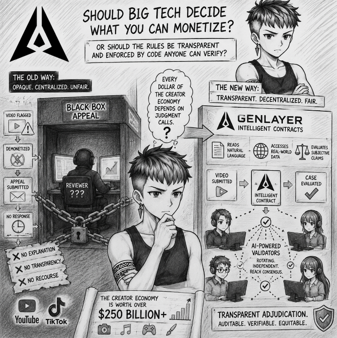 0xraguna's tweet photo. Every day, thousands of content creators on YouTube and TikTok lose revenue to opaque demonetization decisions. A video gets flagged. The appeal goes into a black box. No explanation. No transparency. No recourse.

This is the biggest unspoken problem in the creator economy. Not algorithms. Not reach. Judgment. Who decides what's "admissible" and what isn't? Right now, a handful of reviewers behind closed doors.

What if content platforms used intelligent contracts instead? Community guidelines encoded as actual code that can interpret context, weigh evidence, and evaluate whether a video actually violated the rules or just got caught by a bad filter.

@GenLayer makes this possible. Its Intelligent Contracts can read natural language, access real-world data, and evaluate subjective claims. Instead of a black-box appeal, you get transparent adjudication by a rotating set of AI-powered validators who independently evaluate the case and reach consensus.

The creator economy is worth over $250 billion. Every dollar of it depends on platform judgment calls that nobody can audit or appeal.

Should Big Tech decide what you can monetize, or should the rules be transparent and enforced by code that anyone can verify?
