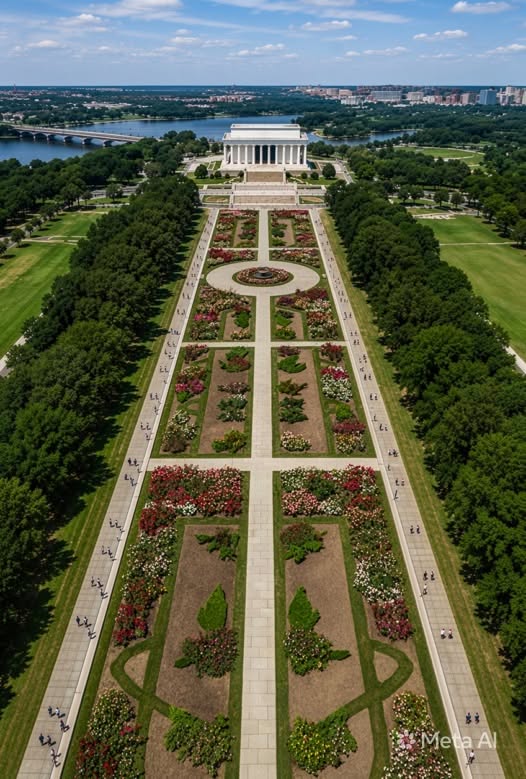 perryloganclone's tweet photo. Remove all water from the Reflecting Pool. Replace with rich  soil, and turn it into the new Jaqueline Kennedy Rose Garden, complete  with Walkways for close-up viewing, and a center walkway that leads all  the way to the Lincoln Memorial, to replace the pool destroyed by Trump. https://t.co/yhA8DjHOGa