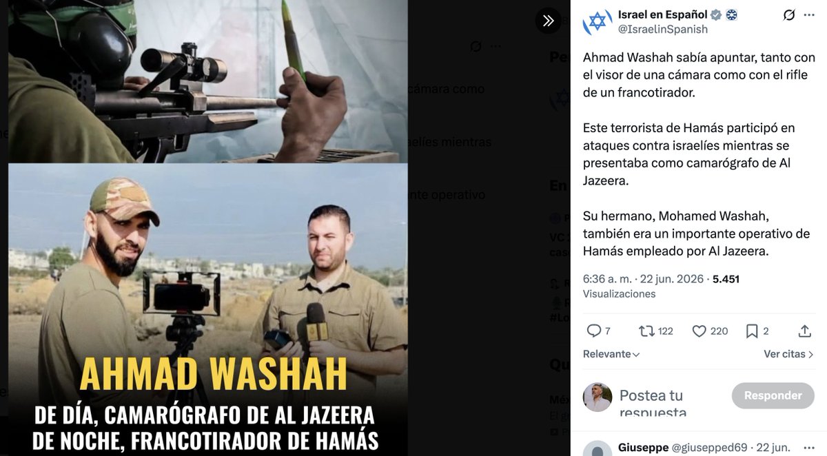 temoris's tweet photo. Israel mató a un camarógrafo en Gaza.

Israel es el mayor asesino de periodistas de la historia de la humanidad.

Ningún otro Estado o entidad se aproxima a su cuenta fatal de periodistas.

Como siempre, el Estado terrorista acusa a sus víctimas de terrorismo.

¿Cómo lo prueba? Con montajes como este. Ni siquiera se esfuerza en falsear una fotografía para establecer un vínculo de identidad entre el modelo de la foto y la víctima. Lo afirma y ya.