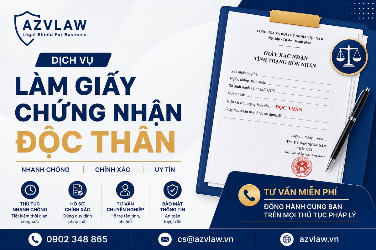 AZVLAW_VN's tweet photo. 📄 Cần làm Giấy chứng nhận độc thân?

AZVLAW hỗ trợ thực hiện thủ tục nhanh chóng, đúng quy định và tiết kiệm thời gian.
✅ Tư vấn hồ sơ chi tiết
✅ Hỗ trợ trường hợp phức tạp
✅ Bảo mật thông tin
✅ Đồng hành đến khi nhận kết quả

📞 0902 348 865 https://t.co/X4kDEIS0tB