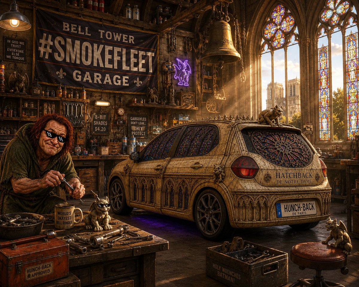 DameHatchback's tweet photo. The Bell Tower #Smokefléét Garage is open! If you're needing a little help with your giddy up, bring her in and I'll get you rolling like a Cuban cigar. https://t.co/dhroueEBG7