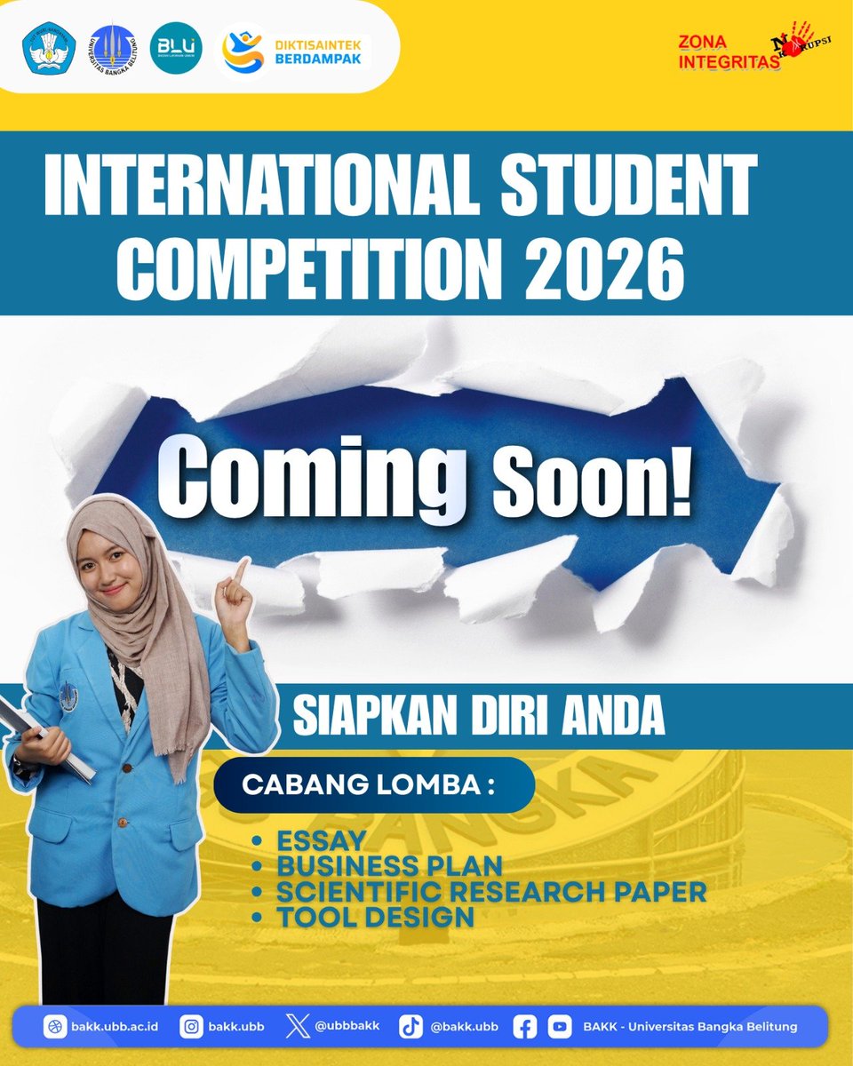 ubbbakk's tweet photo. ✨ INTERNATIONAL STUDENT COMPETITION 2026 ✨
COMING SOON! 🌍
Siapkan diri Anda untuk menunjukkan ide, inovasi, dan karya terbaik di ajang International Student Competition 2026 bersama mahasiswa dari berbagai penjuru dunia! https://t.co/dlKoy8xzkA