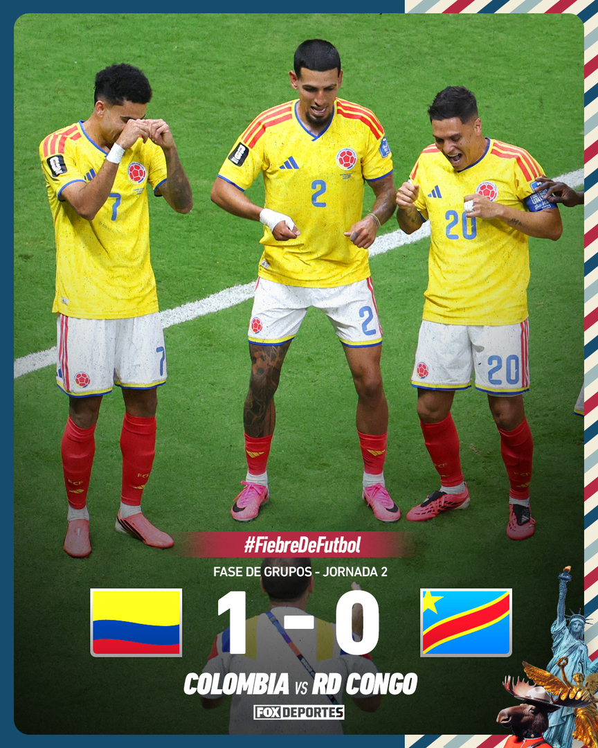 FOXDeportes's tweet photo. ¡CLASIFICÓ COLOMBIA! 🇨🇴😤

Los 'Cafeteros' hicieron la tarea, con todo y sufrimiento incluido, ante RD Congo y sellaron su pase a dieciseisavos de final. #FiebreDeFutbol #BoletoANorteAmerica https://t.co/YBF0cTj2qf https://t.co/lWW2fSVQ2k