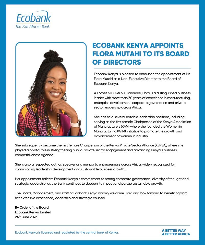 EcobankKenya's tweet photo. We are delighted to welcome @FloraMutahi to Ecobank Kenya’s Board as a Non-Executive Director.
Her extensive experience in business leadership, governance, and entrepreneurship will strengthen our commitment to enabling businesses to grow across Africa.
#Ecobank40 #ABetterWay https://t.co/l0fABG9ZYM