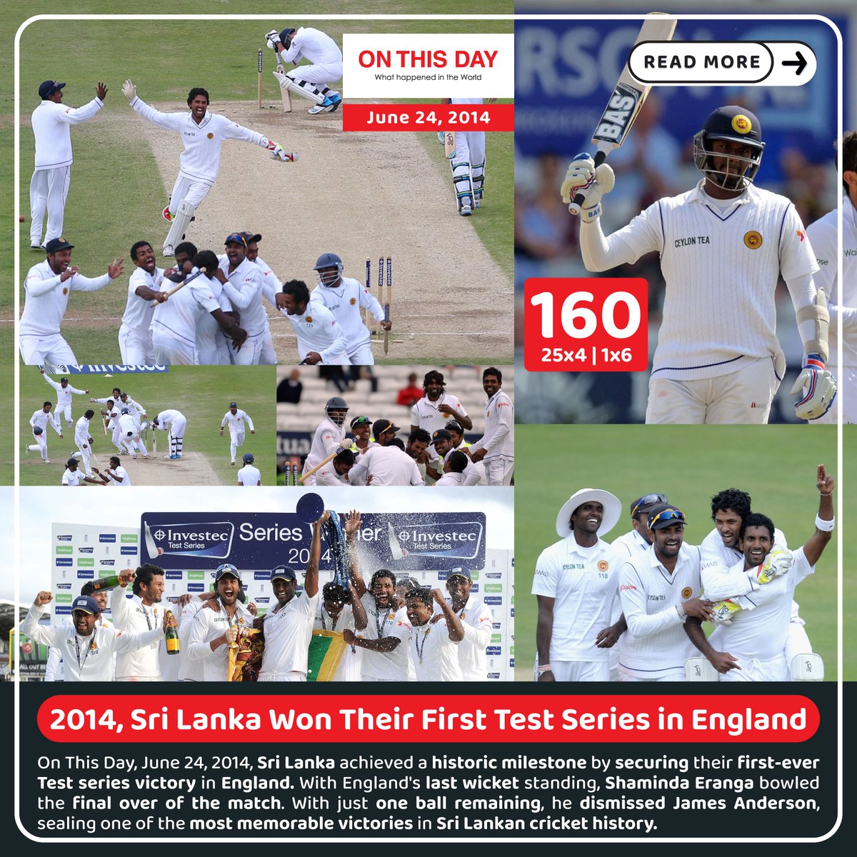 OnThisDayInWor1's tweet photo. #OnThisDay 2014, Sri Lanka Won Their First Test Series in England
On This Day, June 24, 2014, Sri Lanka achieved a historic milestone by securing their first-ever Test series victory in England.
@Angelo69Mathews
#history #historyfacts #SriLankacricket #slvseng https://t.co/U7hjQwxyak