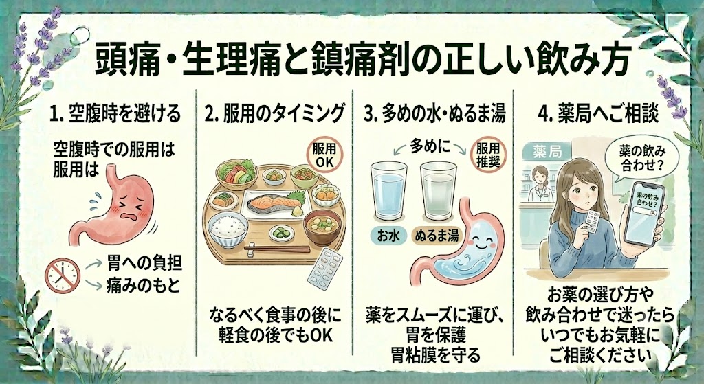 kusunoki1001's tweet photo. こんにちは。頭痛や生理痛などで鎮痛剤を飲む際、空腹時を避けていますか。胃への負担を減らすため、なるべく食事の後か、お水やぬるま湯を多めに飲んで服用しましょう。お薬の選び方や飲み合わせで迷ったら、いつでもお気軽に当薬局へご相談ください。 #調剤薬局 #鎮痛剤の使い方 https://t.co/xJcCHnYaHd