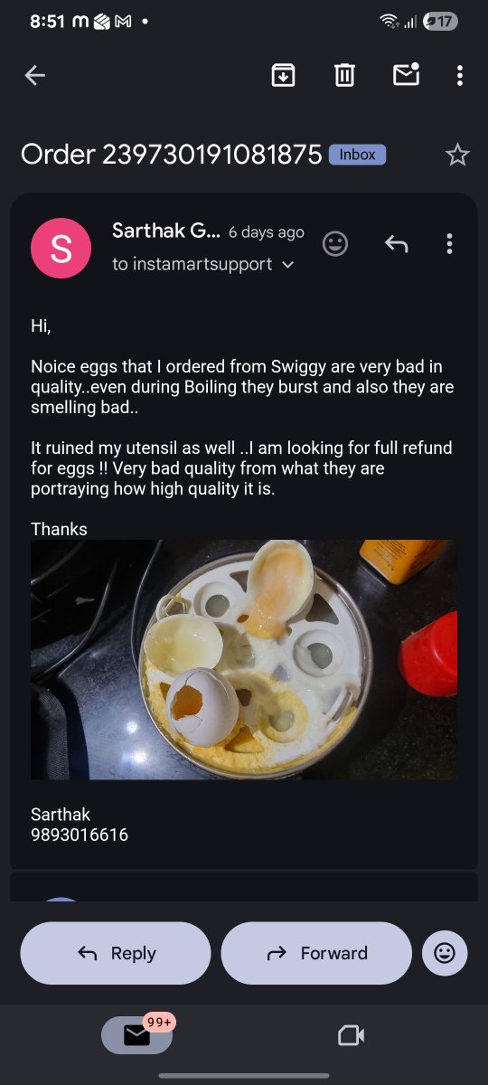 HindustaniEngi1's tweet photo. @SwiggyCares

Noice eggs from Instamart are terrible quality! burst while boiling, smelled rotten &amp; ruined my egg boiler. 

Who finishes eggs within 48 hours?! Their "no refund after 48 hrs" policy is useless for perishables. 

Order #239730191081875
#Swiggy #Instamart https://t.co/27PA7gWSL5