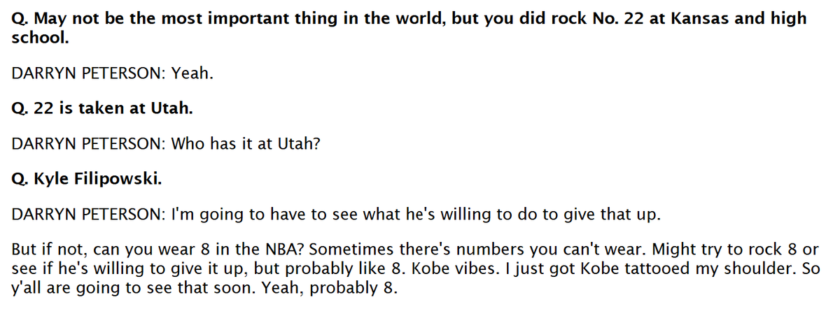 AlexKennedyNBA's tweet photo. Darryn Peterson learned that No. 22 is taken on the Utah Jazz by Kyle Filipowski and made it clear that they'll be having a conversation.

If he can't wear No. 22, Peterson said he'll take No. 8 to pay tribute to Kobe Bryant. (He recently got a Kobe tattoo on his shoulder). https://t.co/66K6GbTJUE