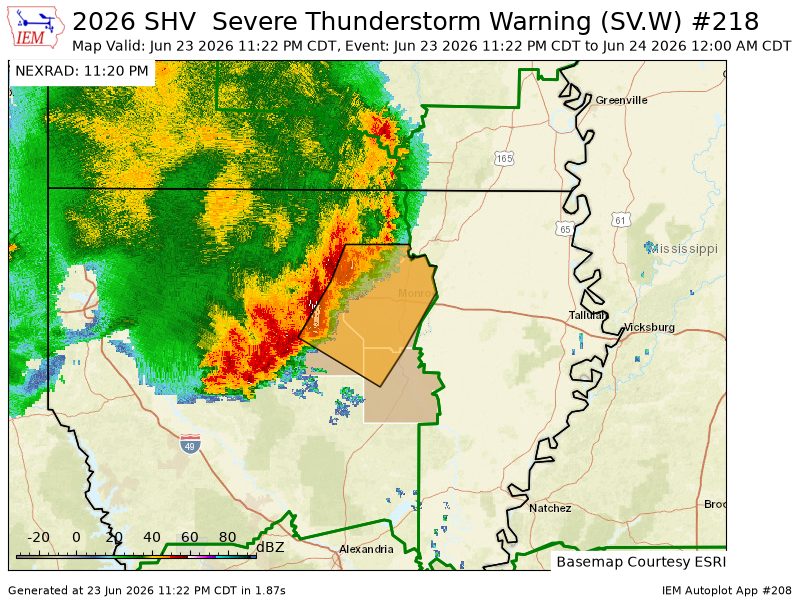 ArklatexWX's tweet photo. SHV issues Severe Thunderstorm Warning [wind: 60 MPH (RADAR INDICATED), hail: <1.00 IN (RADAR INDICATED)] for Caldwell, Jackson, Lincoln, Ouachita, Union [LA] till 12:00 AM CDT https://t.co/ch5nav1pxP https://t.co/TG0r1YQM3v