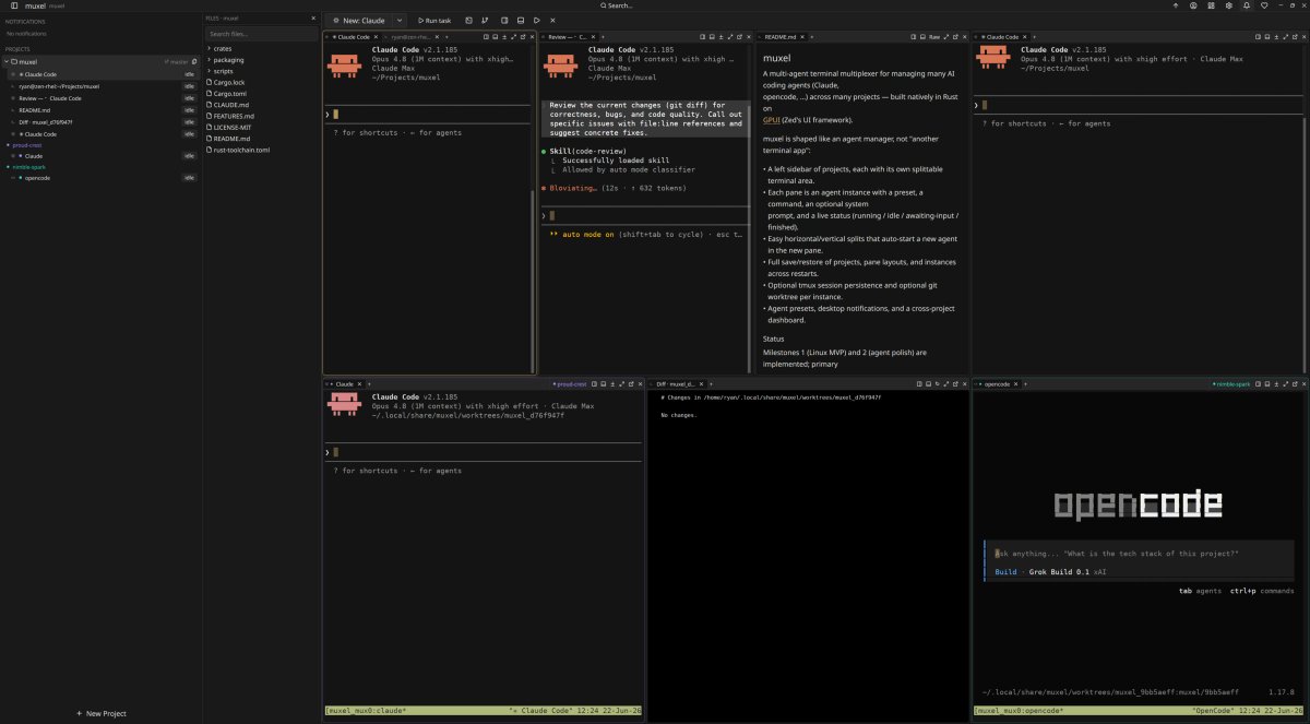 muxelsh's tweet photo. tmux, but for your AI coding agents. 🚀

muxel runs Claude, opencode, Amp &amp; grok side by side — tiled panes, git worktrees, live agent status, remote SSH. Native &amp; GPU-accelerated, built on GPUI (Zed's framework). Free &amp; open source.

 https://t.co/WySwCTai04 https://t.co/UhSiUDoiGh