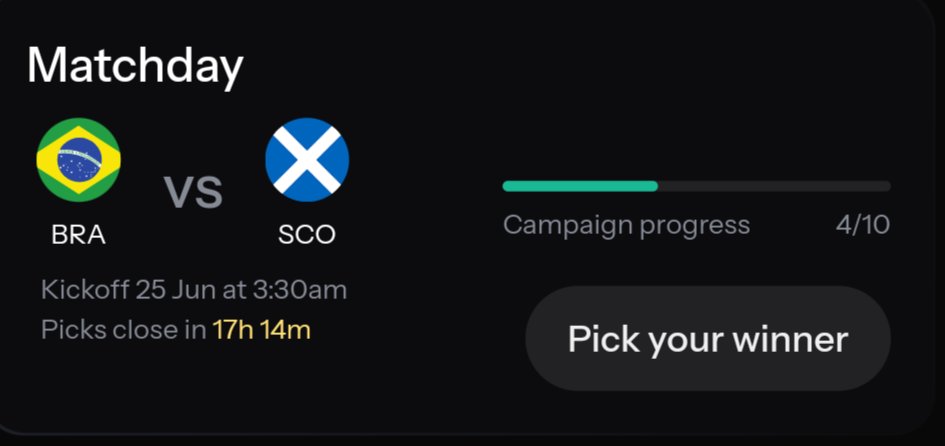 jaga56325's tweet photo. Yesterday's pick didn't go my way 😅

But we're back.

🇧🇷 Brazil locked in for the next @KASTxyz Matchday.

One wrong pick won't stop the 2x cashback grind 💳⚽

Who's riding with Brazil? 👀 https://t.co/UBSNDSxb5j