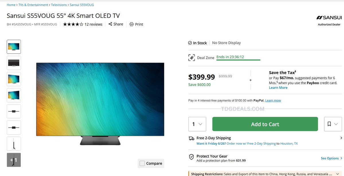 thedealsguy_'s tweet photo. 55” OLED TV DEAL 📺

Sansui 55” 4K Smart OLED TV is down to $399.99 at B&amp;H.

Normally $999.99, so that’s $600 off.

Deal Zone pricing with free 2-day shipping showing.

🔗 https://t.co/lc9klcAsCo

#ad https://t.co/ef8QsjYv5y