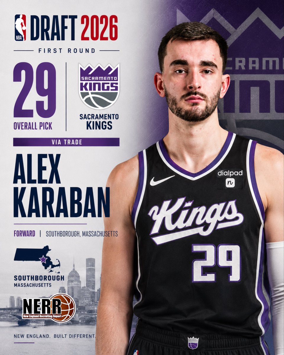 NERRHoops's tweet photo. Southborough Massachusetts’ native Alex Karaban went 29th overall tonight in the 2026 NBA Draft. 

Karaban is a two-time NCAA national champion and the third New England native to be picked in tonight’s draft! 

#E75 Alum! https://t.co/qvmRSmrzXR