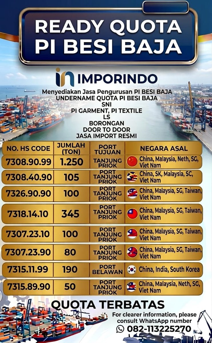 rianaldotis's tweet photo. Anda Butuh Jasa Undername Import Quata Hs Code 73072390 (Pipa Besi Baja)?
Silahkan Hubungi Kami. https://t.co/IKfimdCuXi
