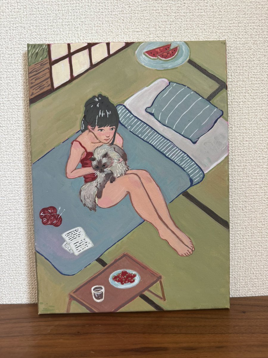 LP_ichigo's tweet photo. キャンディちゃんは、ソウルのグループ展で展示した絵のモデルでもあります( ˘ω˘ )

展示の準備期間中、頭の中がずっと猫でいっぱいだったので、気づいたら自然とキャンディちゃんがキャンバスに現れていました（笑） https://t.co/veKkQX1aqZ