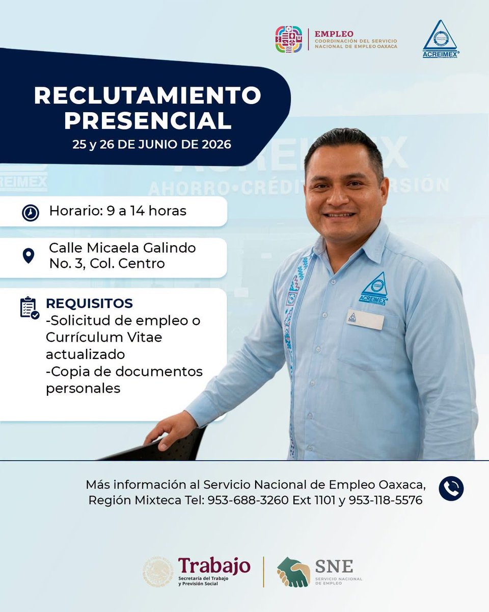 SNEOaxaca's tweet photo. #RECLUTAMIENTO PRESENCIAL EN HUAJUAPAN DE LEÓN 
VACANTES: ASESOR DE CRÉDITO Y RECUPERACIÓN VÍA NÓMINA

🗓️ 25 y 26 de junio
🕣 9:00 a.m. a 4:00 p.m.
📍Calle Micaela Galindo No. 3, colonia Centro.

MÁS INFORMACIÓN
Teléfono 953-688-3260, Ext 1101
O vía WhatsApp 953-118-5576 https://t.co/sdJK97kgmI
