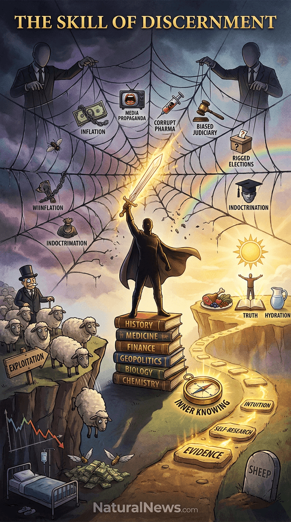 HealthRanger's tweet photo. Pretty decent infographic here about the single most important mental skill you need to survive 2026 and beyond: The skill of discernment.

Notice the sheep walking off the cliff on the bottom left, with the guy from Monopoly standing among them! (A bankster!) Pardon the minor typos.

Also notice the compass of inner knowing. Trust your gut! Your intuition! And I don't know why there's a lamb chop on the plate in the distance, but the AI engine put that there for some reason...

Also, LEARN THINGS. Become competent in many areas of knowledge. Understand how money works. Know true history. Learn about basic principles of biology and chemistry, etc.