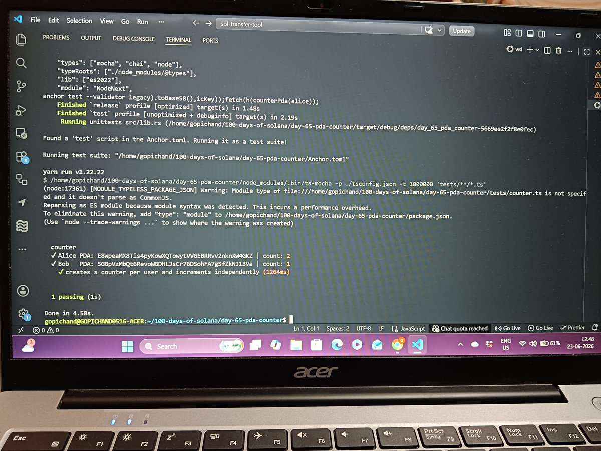 GopichandAI's tweet photo. 🧱 Day 65/100 of Solana ✅ @MLHacks
Built a per-user PDA counter with @anchor_protocol — each wallet gets its own isolated on-chain state (Alice=2, Bob=1) via seeds ["counter", user.pubkey] 🔐
🔗 https://t.co/bm0tneEhQr

#100DaysOfSolana #Solana #Anchor https://t.co/QMF6DsJ59e