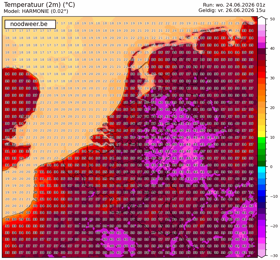 NoodweerBenelux's tweet photo. Output nieuwste weermodellen berekenen op vrijdag een scorching heat scenario over de Benelux. Maxima lijken op meerdere plaatsen 40°C aan te tikken met lokaal nog hogere waarden. Dit zou het record uit 2019 verpulveren. We monotoren op de weersituate op de voet, want ook de kans op onweer lijkt komende dagen te gaan stijgen. In combinatie met talrijke evenementen een potentieel (zeer) gevaarlijke setting. Apprecieer jij deze weerupdates? Deel deze informatie op je eigen tijdlijn en informeer familie en vrienden. #RT #hitte