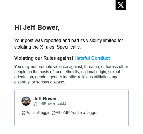 JeffBower_4444's tweet photo. There are several of my followers who follow this person &amp; may want to reconsider that.
 @ PunishReggin is larping as a White Nationalist who doesn't like "hurty words"

It likes to report us to X. https://t.co/O1NPMd4Nab