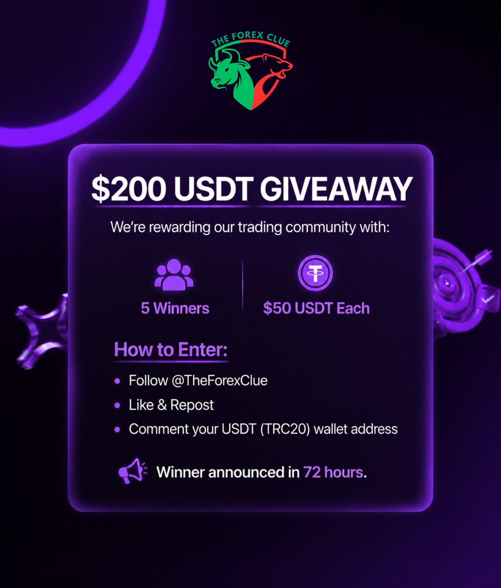 theforexclue's tweet photo. $200 USDT GIVEAWAY

We're rewarding our trading community with: 5 Winners $50 USDT Each

 How to Enter: 
• Follow @theforexclue 
• Create your free account here : https://t.co/cPxI4tRQ3S
• Like & Repost 
• Comment your USDT (TRC20) wallet address 

Winner announced in 72 hours.