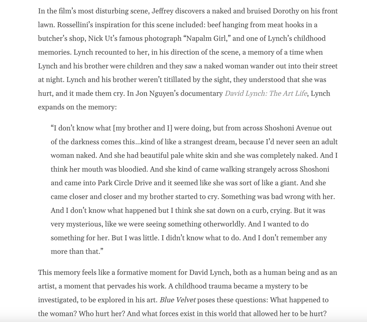 BBW_BFF's tweet photo. I know it's annoying but I'm going to quote my own essay about Blue Velvet, which includes a revelatory quote from David Lynch. imo Lynch isn't exploitative, he's investigating the distinction between darkness, light, evil. and to him, brutalizing women is a symptom of true evil. https://t.co/jhstIwrM7n