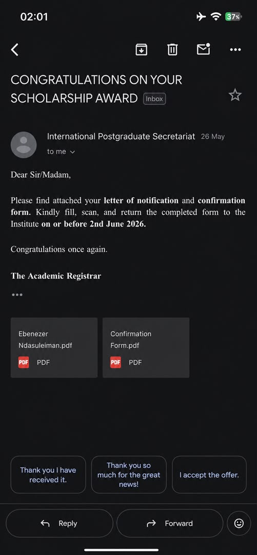 Iam_MrEben's tweet photo. Grateful to God and deeply honored to announce that I have been awarded a fully funded scholarship to pursue a combined MA & PhD program, with a total funding package valued at approximately £180,000. I am humbled to be one of only two Nigerians selected for this prestigious opportunity. 
The journey continues.