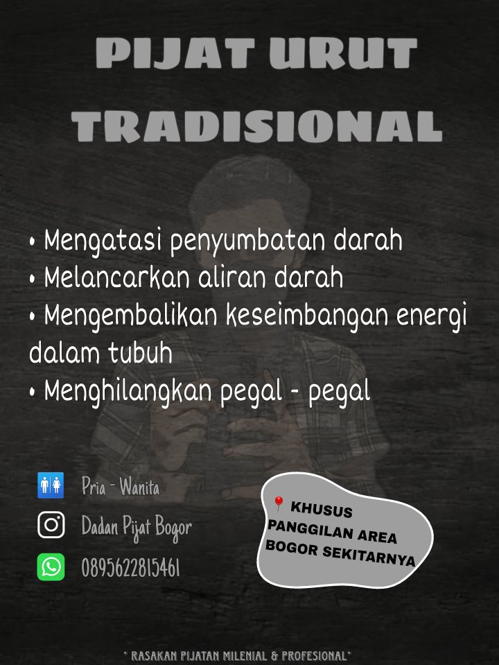 perdadanmana's tweet photo. Salam sehat..!!
Yuk pijat yuuukk...!!
Isi slot hari ini
Pijat urut tradisional oleh terapis profesional bukan abal2
Untuk pria-wanita
Khusus panggilan area bogor &amp; sekitarnya
#pijatbogor #pijatpriabogor #pijatwanitabogor #pijatpanggilanbogor #pijatjabodetabek https://t.co/4GhQrNa3RU