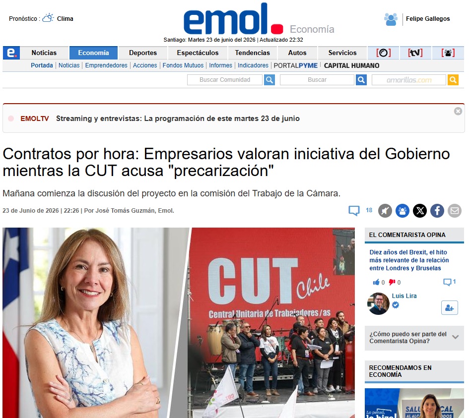 FelipeGallegos7's tweet photo. La prensa económica especializada da amplia cobertura este miércoles al proyecto que permitiría establecer contratos laborales por hora. El proyecto comienza HOY su discusión en la Comisión de Trabajo del Senado. https://t.co/n5YKnoAlw9