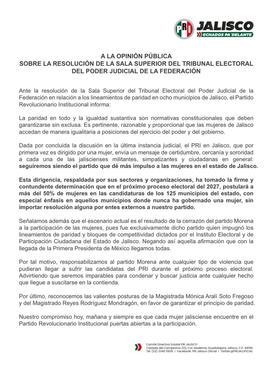 LauHaro's tweet photo. Ante la resolución de la Sala Superior el mensaje del PRI es contundente: seguiremos siendo el partido que dé más impulso a las mujeres en Jalisco.

Esta dirigencia, respaldada por sus sectores y organizaciones, ha tomado la firme y contundente determinación que en el próximo proceso electoral del 2027, postulará a más del 50% de mujeres en las candidaturas de los 125 municipios del estado, con especial énfasis en aquellos municipios donde nunca ha gobernado una mujer, sin importar resolución alguna por entes externos a nuestro partido.