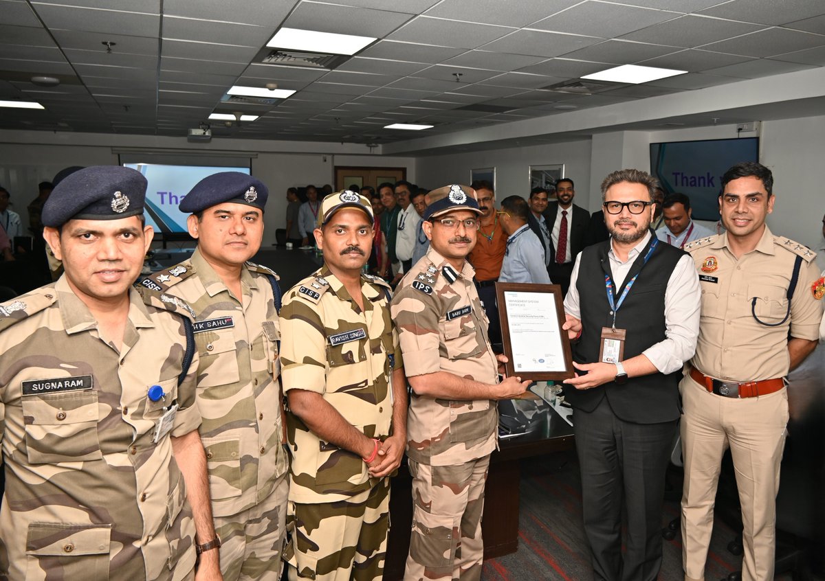 CISFHQrs's tweet photo. Setting Global Benchmarks in Aviation Security Excellence✈️

CISF Unit ASG Delhi (IGI Airport) has been awarded the ISO 9001:2015 Quality Management System Certification by DNV, reaffirming its commitment to delivering world-class security services across all terminals and operational areas of IGI Airport.

The certification was presented by Shri Navdeep Singh Heera, CSO, IGI Airport to Shri Babu Ram, IPS, DIG/CASO, in the presence of Shri Ravish Kumar Singh, Comdt, Shri Harish Kumar Sahu, Comdt and Shri Sugana Ram, Comdt.

The certification valid from 14 April 2026 to 13 April 2029, this internationally recognized certification underscores CISF Unit ASG Delhi's steadfast commitment to quality management, operational excellence and continual improvement, further strengthening its mission of ensuring safe, secure and seamless aviation operations.

#CISF #IGIAirport #ISO9001 #QualityManagement #AviationSecurity #OperationalExcellence #SecurityExcellence #SafeSkies #QualityStandards #NationFirst

@HMOIndia   
@mygovindia   
@PIB_India  
@MoCA_GoI   
@AAI_Official   
@BcasHq    
@DelhiAirport  
@CISFAirport