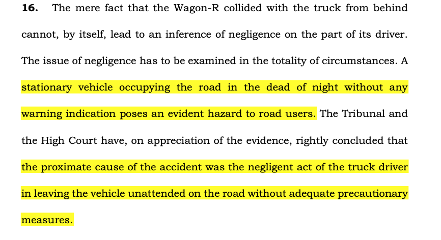 CiteCase's tweet photo. This #SupremeCourt judgment tells you why you should not park your vehicle during night on the road. If someone else hits your vehicle and suffers injury or dies, you will land in trouble ! https://t.co/lsaneHEH5B