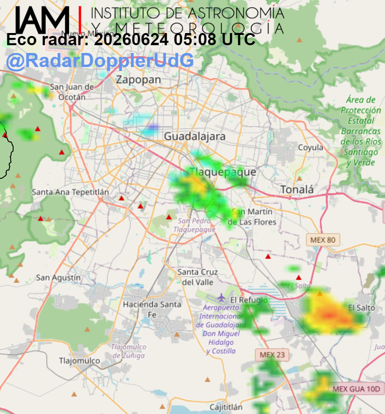 RadarDopplerUdG's tweet photo. Se registra #lluvia muy fuerte hacia #ElSalto y #GalaxiaBonito; #lluvia moderada por #ElAlamo y Zona Industrial. Y continua lluvia moderada en #Tala, #Tehuchitlan y #SantaCruz del Astillero. https://t.co/e5aOSKX4YF