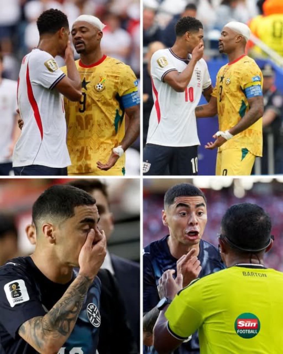 ansuboahs's tweet photo. Another Red Card incident which was ignored by both the On-field referees and VAR. Miguel Amiron of Paraguay 🇵🇾 (bottom) saw Red Card but Jude Bellingham of England 🏴󠁧󠁢󠁥󠁮󠁧󠁿 was not even cautioned. FIFA and fraud…They came to cheat Ghana.

@ghanafaofficial must Officially complain to @FIFAcom about the performance of the Referees and VAR!