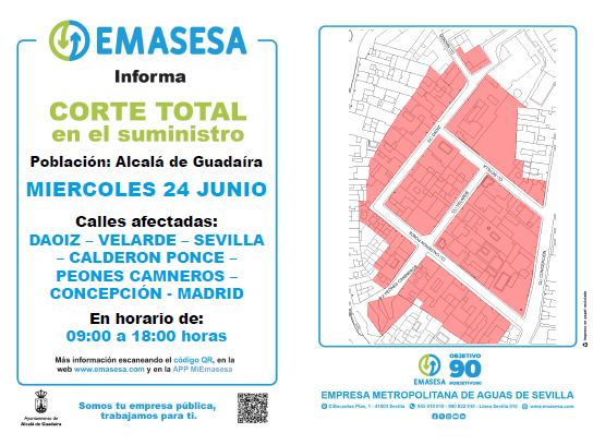 emasesa's tweet photo. RECUERDA❗ ø
24/06 #Corte en el suministro de #TuAgua por trabajos en la red de abastecimiento en C/ Sevilla y otras en #AlcaládeGuadaíra
⌚De 09:00 a 18:00 h.
Gracias y disculpen las molestias. #TrabajamosParaTi
#EMASESA #TuEmpresaPúblicaDelAgua @aytoguadaira https://t.co/wechjX6DBc