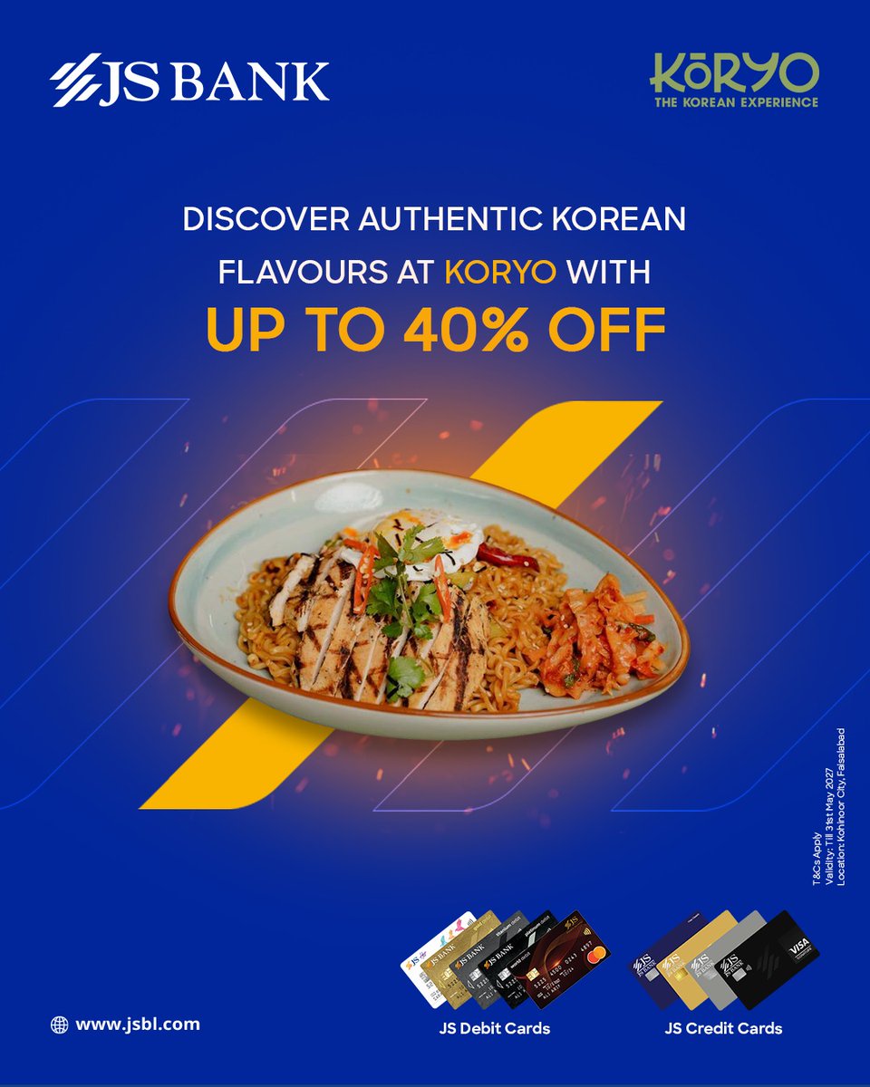 JSBLPak's tweet photo. From authentic Korean flavours to rich Mughlai delights and desi favourites, indulge in unforgettable dining experiences with exclusive discounts on your JS Debit and Credit Cards.

Check out more discounts here: https://t.co/B4FI7vrAuT

#JSBank #BarhnaHaiAagey #DiscountDeals https://t.co/7oQcGsiGTU