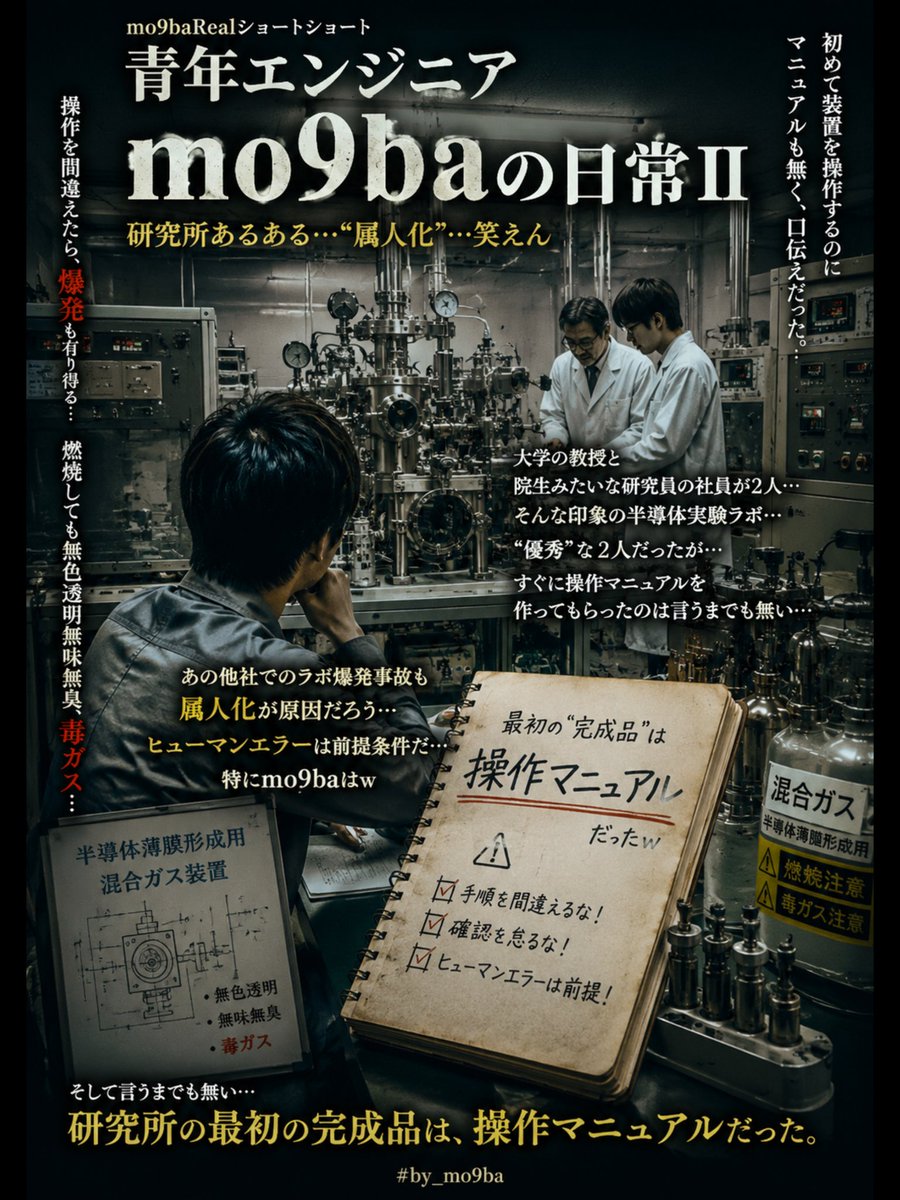 mo9ba2's tweet photo. #mo9baRealショートショート
『青年エンジニアmo9baの日常Ⅱ』
mo9baもエンジニア時代
#研究所 の #ラボ の実験装置で…
初めて装置を操作するのに #マニュアル も無く
#口伝え だった事に驚いた事がある…
大学の教授と院生みたいな研究員の社員が2人…
そんな印象の半導体実験ラボ…
操作の手順を間違えたら爆発も有り得る…
#半導体薄膜形成 用の #混合ガス…
#燃焼 しても #無色透明無味無臭 の #毒ガス…
"#優秀"な2人だったが…
すぐに #操作マニュアル を作ってもらったのは
言うまでも無い…
あの他社でのラボ #爆発事故 も #属人化 が原因だろう…
#ヒューマンエラー は前提条件だ…
特にmo9baはw
そして言うまでも無い…
最初の"#完成品"は"#操作マニュアル"だったw
以上は"研究所あるある”…
"属人化"…笑えん
#by_mo9ba