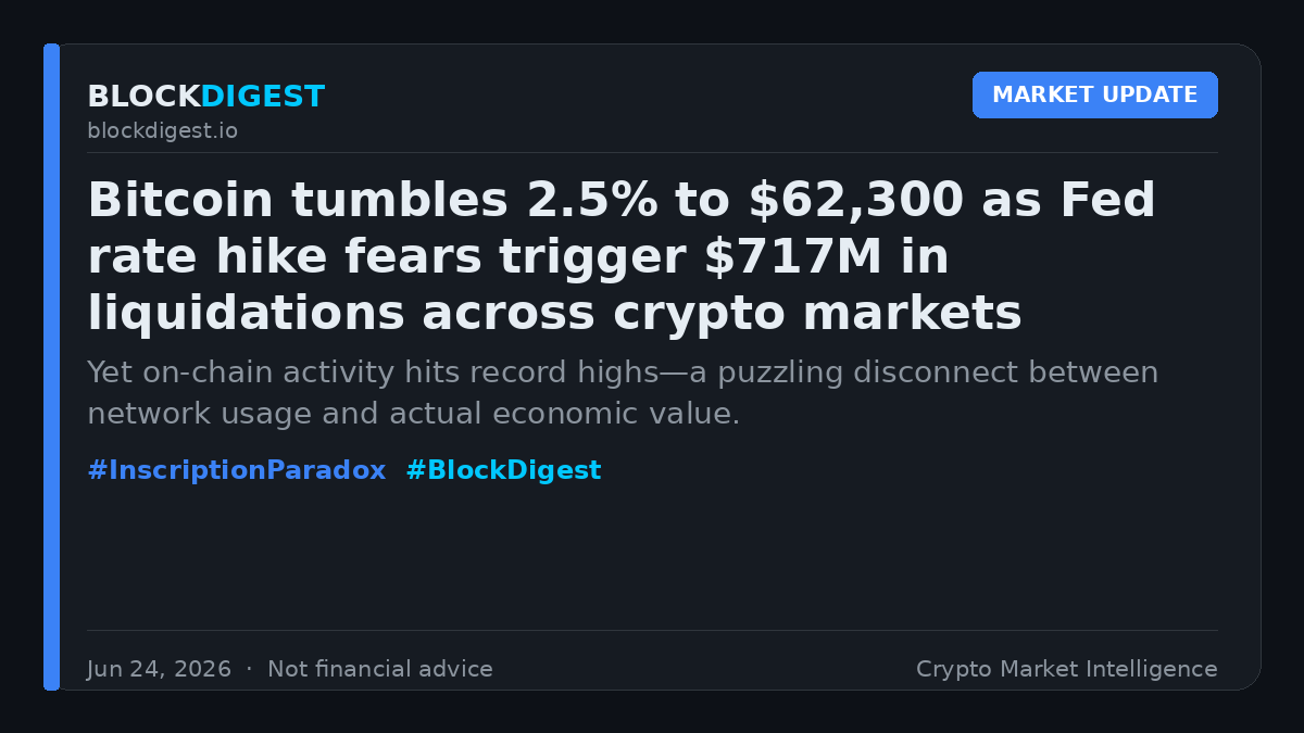 blockdigest_io's tweet photo. 📉 Bitcoin tumbles 2.5% to $62,300 as Fed rate hike fears trigger $717M in liquidations across crypto markets.

Yet on-chain activity hits record highs—a puzzling disconnect between network usage and actual economic value.

#InscriptionParadox #BlockDigest https://t.co/XtONsnTjNn