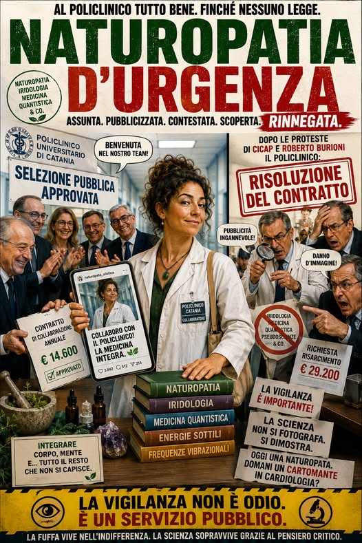 AlanPanassiti's tweet photo. Assunta. Fotografata. Pubblicizzata. Contestata. Rinnegata.

La storia della #naturopata al #Policlinico di #Catania dimostra che il vero nemico delle pseudoscienze non è la medicina: è qualcuno che legge le carte prima di firmarle.

La vigilanza non è tempo perso. https://t.co/5lTr7g9ION