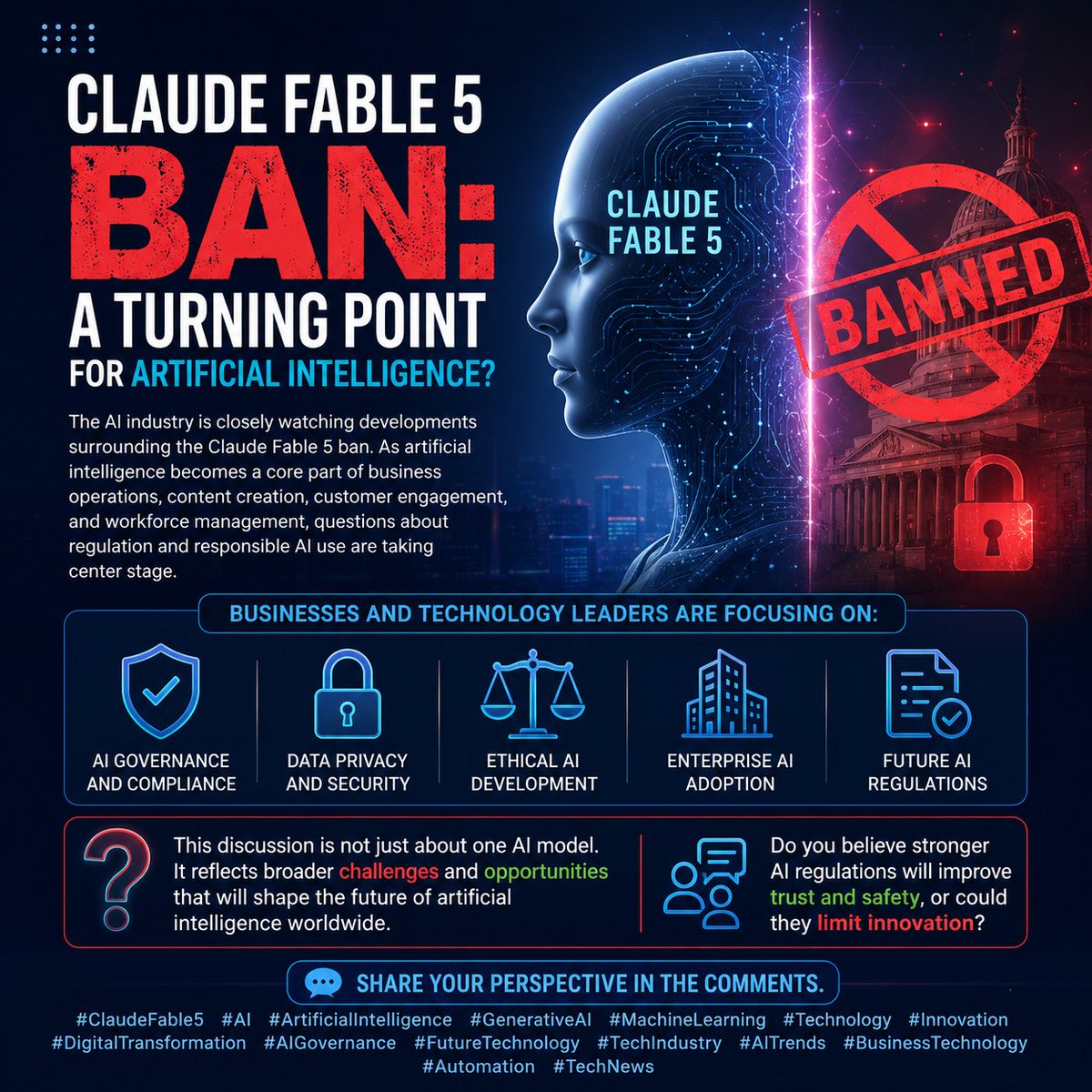 BRILCS's tweet photo. The Claude Fable 5 ban is a wake-up call. As GenAI scales in the enterprise, the real question isn't security vs innovation, it's whether regulation can build trust without strangling progress.
Where should that line sit? 🤔
#ClaudeFable5 #AI #GenerativeAI #AIGovernance #TechNews https://t.co/e4O1xybPK0