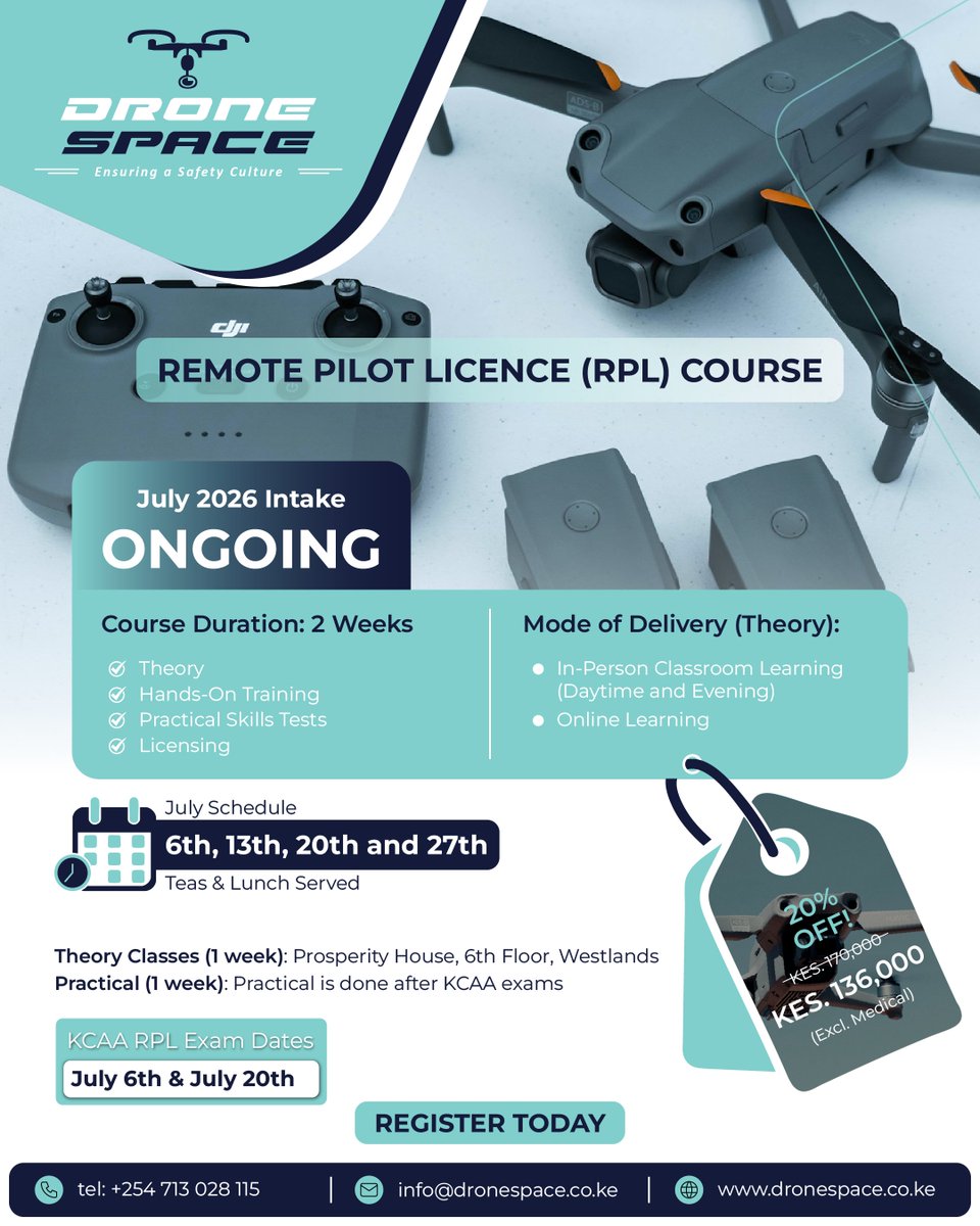 DroneSpaceKenya's tweet photo. Choose your path. Go for the standard Remote Pilot License or level up with the bundle that includes a DJI Mini 3 Fly More Combo.
Which one are you picking?
#RemotePilotLicense #RPL #DJIMini3 #FlyMore #DroneTraining #UAV #DronePilot #AviationTraining #LearnToFly #YourChoice https://t.co/fhpSy8prKg