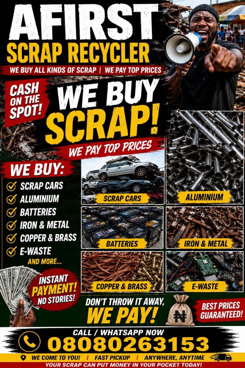 A_first_battery's tweet photo. Hurray!!! You don't need to worry about
 on how to dispose your condemned/damaged batteries, vehicles and industrial scrap... You can exchange them with a reasonable cash us.. 
 
Call: 08080263153 or WhatsApp: https://t.co/SP1MjWxe7d
#Ronaldo | Dangote |El Rufai| https://t.co/b62xQnC1Qc
