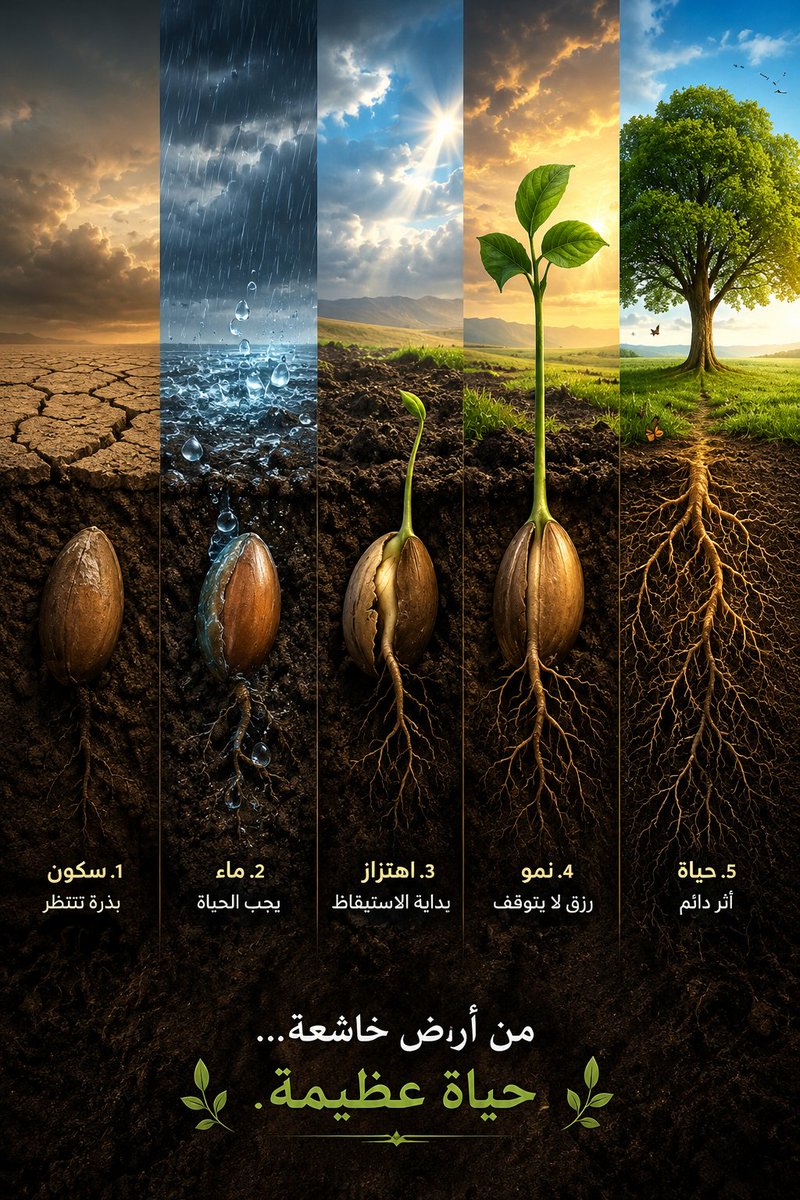 isharaat's tweet photo. الأرض الخاشعة... كيف يشرح النبات معنى البعث؟
من أجمل ما يلفت النظر في القرآن أن الله لا يكتفي بإخبارنا عن الحقائق الكبرى، بل يجعلنا نراها بأعيننا في مشاهد تتكرر حولنا كل عام.

يقول تعالى:
﴿وَمِنْ آيَاتِهِ أَنَّكَ تَرَى الْأَرْضَ خَاشِعَةً فَإِذَا أَنْزَلْنَا عَلَيْهَا الْمَاءَ اهْتَزَّتْ وَرَبَتْ ۚ إِنَّ الَّذِي أَحْيَاهَا لَمُحْيِي الْمَوْتَى﴾
وللوهلة الأولى قد يظن القارئ أن الآية تصف مشهدًا زراعيًا مألوفًا، لكن التأمل في اختيار الكلمات يكشف عن عمق مدهش.
لم يقل الله: "ترى الأرض ميتة"، بل قال:
﴿خَاشِعَةً﴾
والخشوع في اللغة ليس الموت، وإنما السكون والانخفاض والهدوء. فالشيء الخاشع ليس معدوم الحياة، بل كأن الحياة فيه ساكنة تنتظر من يوقظها.

وهذا ما يراه المتخصصون في التربة والحياة النباتية؛ فالأرض الجافة ليست فارغة كما تبدو. تحت سطحها بذور كامنة، وكائنات دقيقة خاملة، وجذور تنتظر قطرة ماء لتعود إلى نشاطها. إنها ليست أرضًا معدومة الحياة، بل أرض في حالة انتظار.

ثم يقول سبحانه:
﴿فَإِذَا أَنْزَلْنَا عَلَيْهَا الْمَاءَ﴾
فالحياة لا تنبع من الأرض نفسها، بل تأتيها من خارجها، من رحمة تنزل عليها من السماء.

ثم تأتي الكلمة المدهشة:
﴿اهْتَزَّتْ﴾
فأول ما يحدث بعد نزول الماء ليس ظهور الزرع، بل الاهتزاز.
داخل التربة تبدأ حركة لا تراها العين: البذور تمتص الماء، الخلايا تنتفخ، الكائنات الدقيقة تستيقظ، والجذور تستأنف نشاطها. كأن الأرض كلها ترتج بالحياة بعد سكون طويل.

ثم يقول:
﴿وَرَبَتْ﴾
والربو في اللغة هو الزيادة والارتفاع والانتفاخ.
فبعد الحركة الخفية تبدأ آثار الحياة بالظهور. يخرج النبات، وتنتفخ التربة، ويبدأ النمو الذي يراه الناس.
وليس من المصادفة أن يأتي الترتيب هكذا:

خشوع...
ثم ماء...
ثم اهتزاز...
ثم ربو.

لأن الحركة الداخلية تسبق النمو الظاهر.
لكن العجيب أن الآية لا تقف عند النبات.
فبعد أن تصف هذه الدورة الحياتية كلها، تنقل النظر فجأة إلى قضية أخرى:

﴿إِنَّ الَّذِي أَحْيَاهَا لَمُحْيِي الْمَوْتَى﴾
وكأن الله يقول: ما الذي تستغربونه في البعث؟
أليست هذه الأرض التي ترونها ساكنة كل عام تعود للحياة أمام أعينكم؟
أليس الذي أعاد الحياة إلى ملايين البذور والخلايا القابعة تحت التراب قادرًا على إعادة الإنسان بعد موته؟
بل إن الآية تحمل معنى آخر لا يقل جمالًا.
فكما أن الأرض قد تكون خاشعة قبل المطر، فإن القلوب قد تمر بمواسم من الجفاف والسكون والغفلة.
ثم ينزل عليها ماء الوحي.

فتكون أول علامة للحياة الجديدة أنها "تهتز".

تتحرك المشاعر.
تستيقظ الأسئلة.
يرتج القلب بعد طول سكون.
ثم بعد ذلك "تربو".
فينمو الإيمان.
وتزداد المعرفة.
وتظهر ثمار الهداية.

وهكذا تصبح الآية وصفًا لدورة الحياة في الأرض، ودورة الحياة في القلب، ودليلًا على دورة الحياة الكبرى يوم البعث.

إنها ليست مجرد صورة للطبيعة، بل درس متجدد يراه الإنسان كلما نزل المطر، ليذكره أن الحياة قد تسكن، لكنها لا تموت إذا أراد الله لها أن تعود.