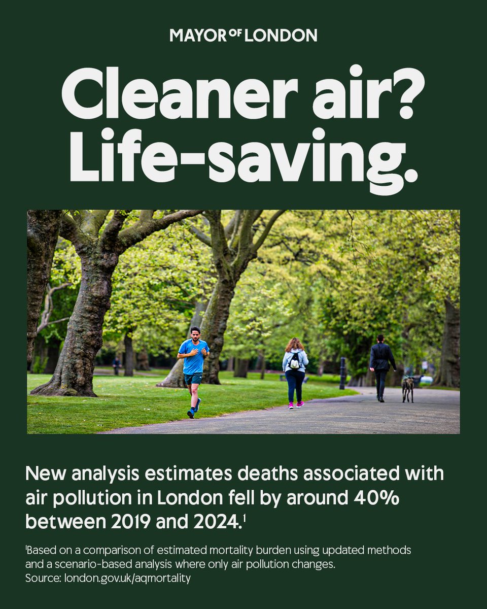 Graphic with a dark green background and the Mayor of London logo at the top. Large white headline text reads “Cleaner air? Life-saving.” Below, a wide colour photo shows a tree-lined park with people walking and running along a paved path. Beneath the image, white text reads “New analysis estimates deaths associated with air pollution in London fell by around 40% between 2019 and 2024.” Smaller text underneath reads “Based on a comparison of estimated mortality burden using updated methods and a scenario-based analysis where only air pollution changes. Source: london.gov.uk/aqmortality”.