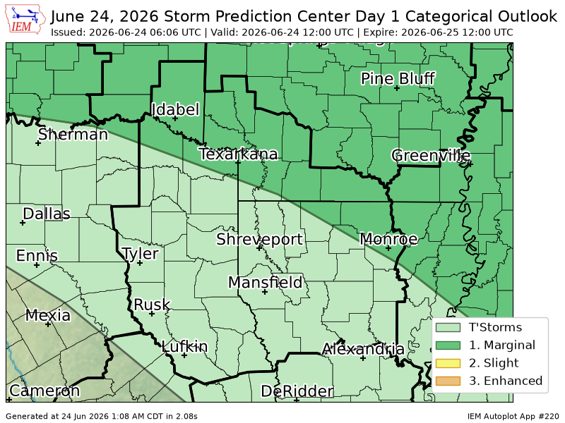 ArklatexWX's tweet photo. #SPC issues Day 1 Marginal Convective Risk at Jun 24, 6:06z for SHV https://t.co/YJYSh1p8Ln https://t.co/MLyC0PkIdo