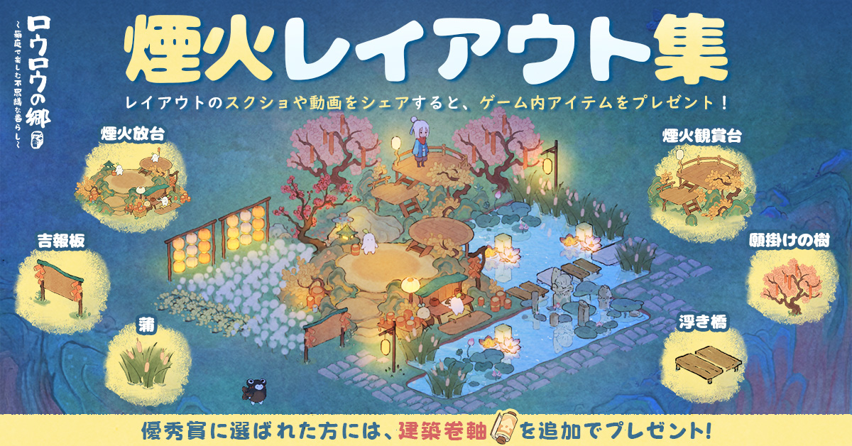 luoluoluojp's tweet photo. ◤￣￣￣￣￣￣￣￣￣￣￣￣￣◥
　レイアウトキャンペーン！
　ゲーム內アイテムをGET🎁
◣＿＿＿＿＿＿＿＿＿＿＿＿＿◢
みんなのロウロウ山は、今どんな景色ロウ？

【参加方法】
この投稿にコメント、または引用ポストで、「夜咲きの星花」テーマを使ったレイアウトのスクショや動画を投稿してください。
建物のレアリティは問いません、テーマの建物が含まれていれば参加可能です。
投稿後、フォームにてご報告いただくと、参加報酬を獲得できます。
👉https://t.co/qkODzrtsxy
【参加報酬】
・銅貨 × 5000
・月の宝玉 × 100

また、6/27（土）と7/4（土）に、
投稿作品の中から優秀作品を1作品ずつ選出し 、発表いたします。
優秀作品に選ばれた方には、追加で報酬をプレゼント！

【優秀作品報酬】
・建築卷物 × 3

【スケジュール】
応募期間：2026/6/24 ～ 2026/7/1 23:59
優秀作品発表：2026/6/27、2026/7/4（全2回）
報酬配布：2026/7/6

【注意事項】
1.優秀作品への選出を目指して、複数回投稿していただいても問題ありません。ただし、参加報酬の配布は1ゲームアカウントにつき1回限りとなります。
2.投稿作品は、ご本人が『ロウロウの郷』ゲーム内で撮影したスクリーンショットまたは動画に限ります。ガイドラインに沿った内容でご参加ください。
3.他者コンテンツの無断転載や、不適切な投稿が確認された場合は、応募無効または抽選対象外となる場合があります。
4.ご投稿いただいた作品は、『ロウロウの郷』運営が公式サイト・公式SNSなどで、告知やプロモーション目的に使用させていただく場合があります。掲載時には投稿者ゲーム名を表記いたします。
5.本キャンペーンに関する最終判断は、『ロウロウの郷』運営チームに帰属します。