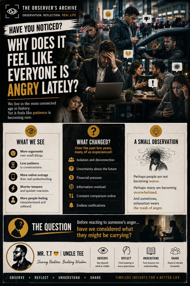 UncleTee78's tweet photo. Everyone seems angry lately.
Maybe the problem isn't anger.
Maybe it's exhaustion, stress, loneliness, and pressure wearing a different face.

What have you observed? 🤔

Have people become angrier, or are they simply carrying heavier burdens? https://t.co/Q9dDtQzDUZ