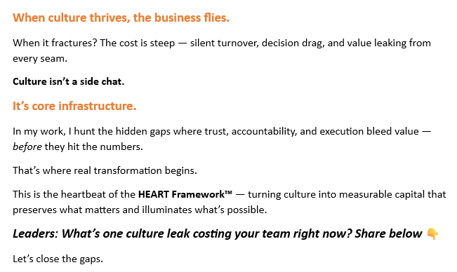JenniferNicks4's tweet photo. In my work with operations leaders, PE-backed companies, and frontline-heavy organizations, I go hunting for the exact places where **trust, accountability, and execution** are quietly leaking value — long before those leaks show up as red numbers on a dashboard. 

Because the organizations that fix those leaks first don’t just survive transformation… they accelerate through it.

#CultureCapital #HeartfeltLeadership #BusinessTransformation #LeadershipDevelopment
