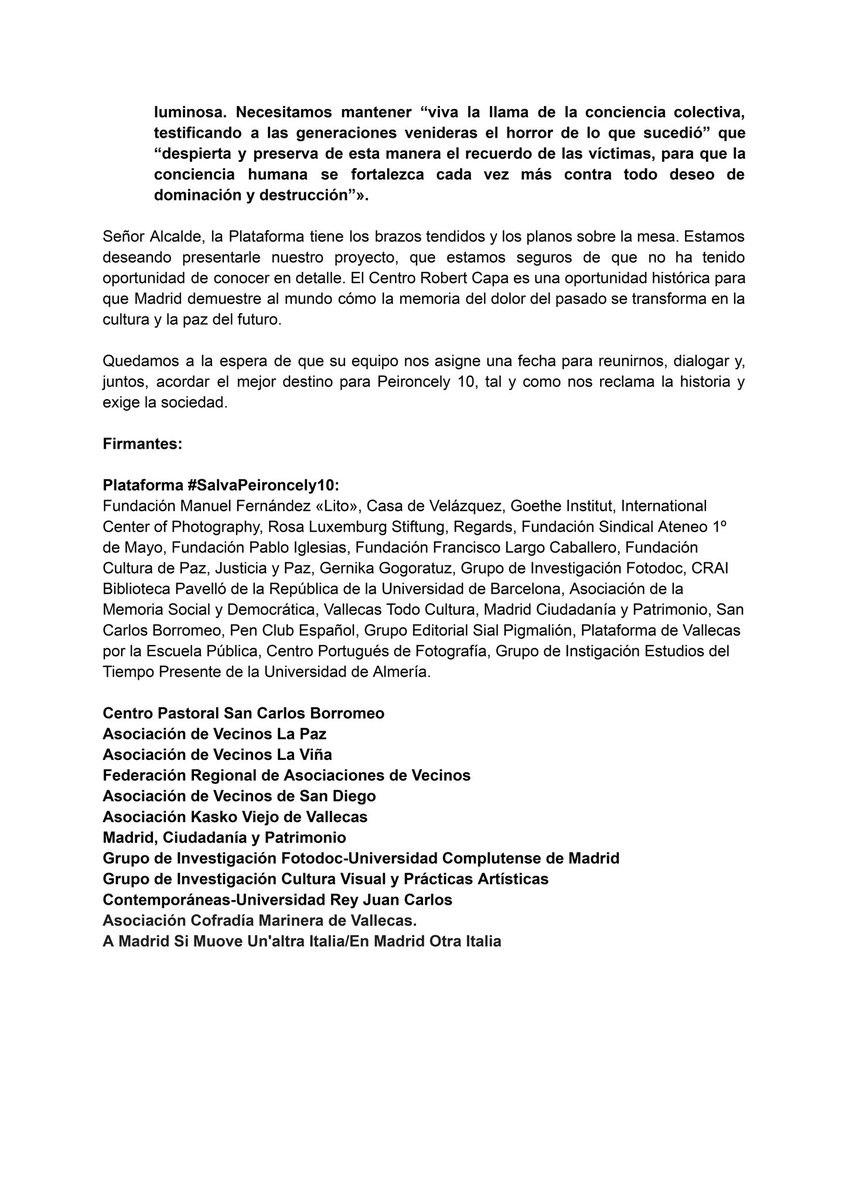 SalvaPeironcely's tweet photo. ✉️CARTA ABIERTA AL ALCALDE DE MADRID. Solicitamos al alcalde @AlmeidaPP_ compartir un cauce de diálogo para que conozca el proyecto de #Peironcely10 y encontrar el camino que haga posible que el edificio recupere el nombre de #ROBERTCAPA. https://t.co/eauUdKsVan