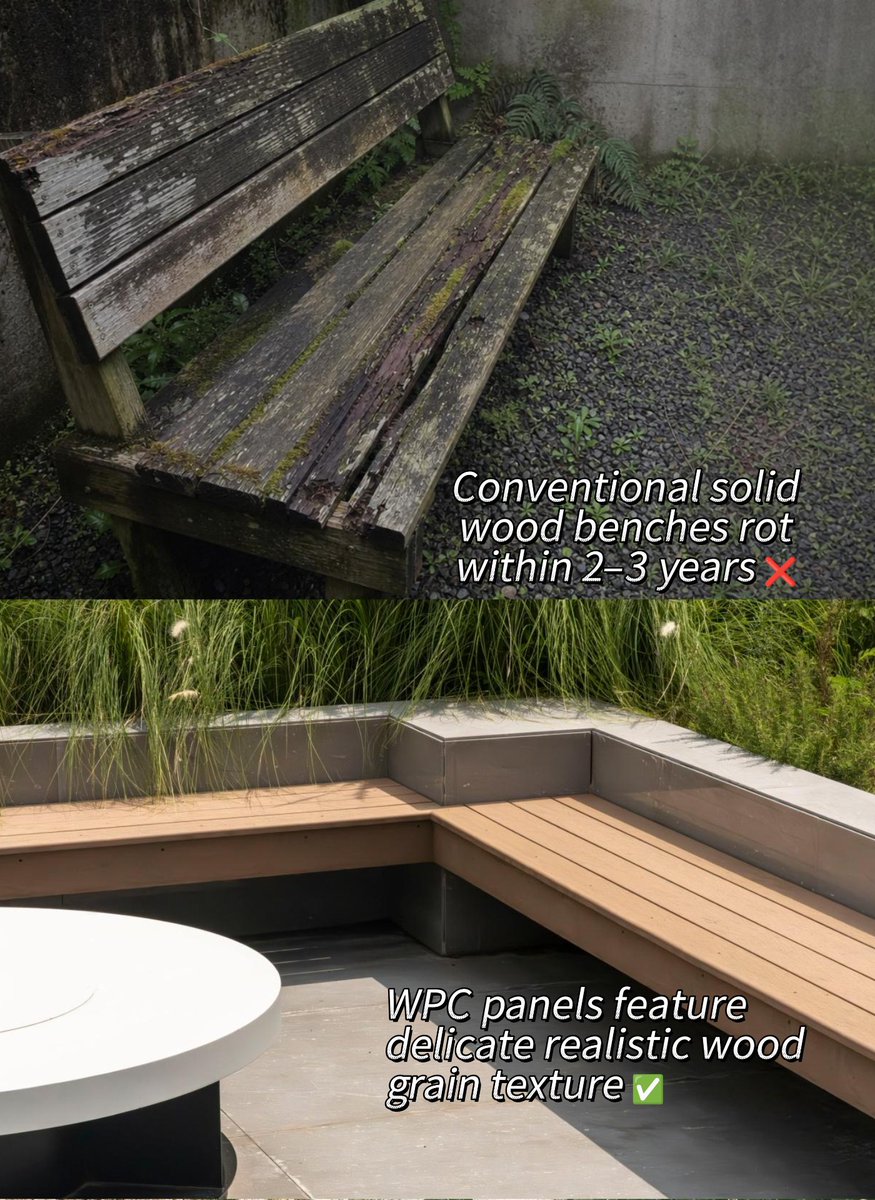 tech_woodn's tweet photo. A sunken courtyard rarely fits a pre-made bench. The fix: a custom WPC bench built along the wall. Solid wood rots in 2-3 years, but WPC keeps a realistic wood grain, needs no repainting, is waterproof and UV-resistant, and wipes clean.

#WPCBench #SunkenCourtyard https://t.co/Wbv234M4eK